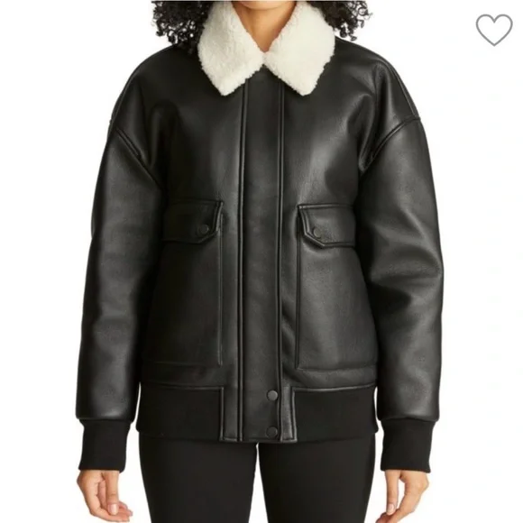 Hudson Womens Oversized Faux Leather Bomber Jacket Medium Black Shearling Edgy - Picture 3 of 15